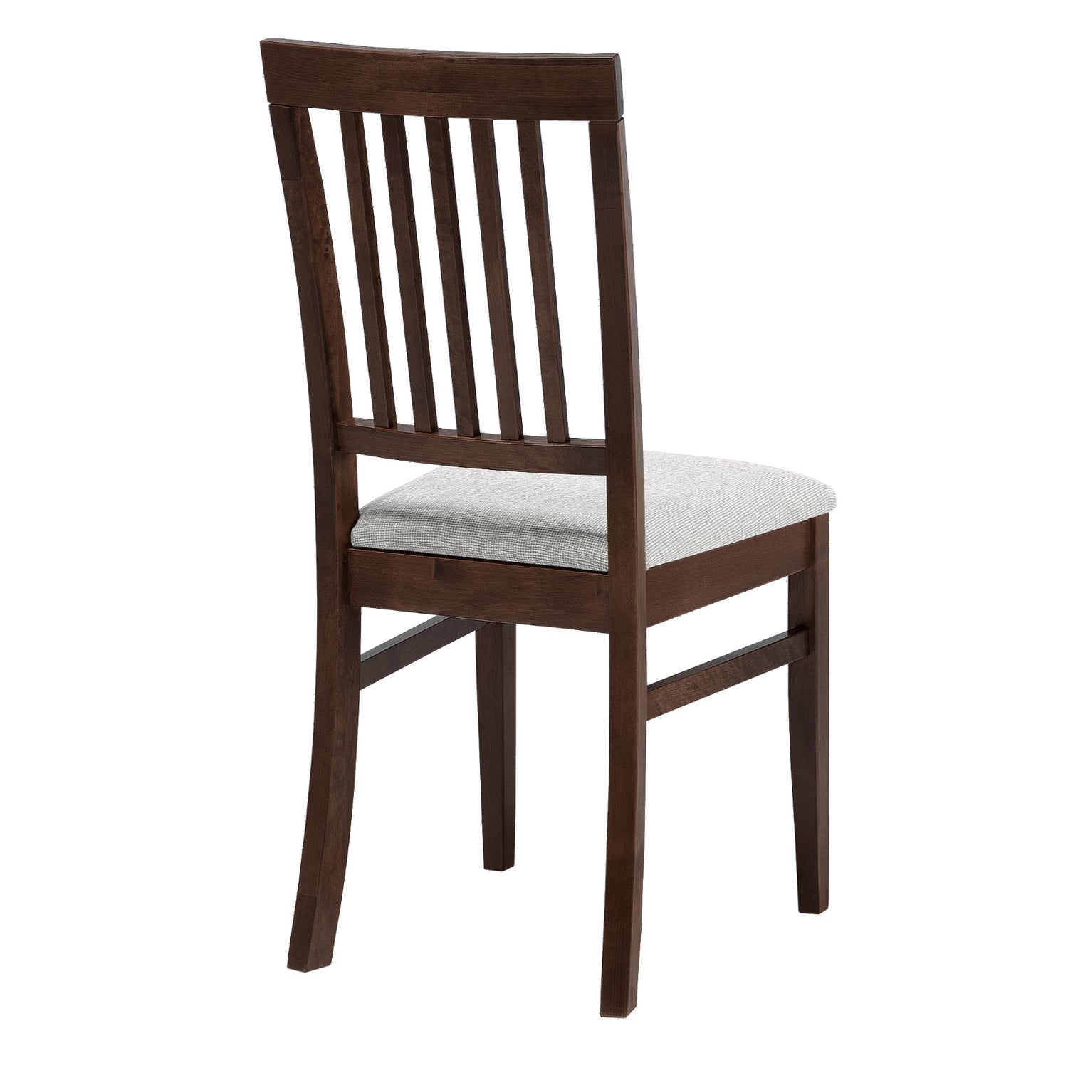 Tumman pähkinän värinen Sonja-ruokapöydän koivutuoli vaaleanharmaalla Atlantic 02 -kangasverhoilulla.