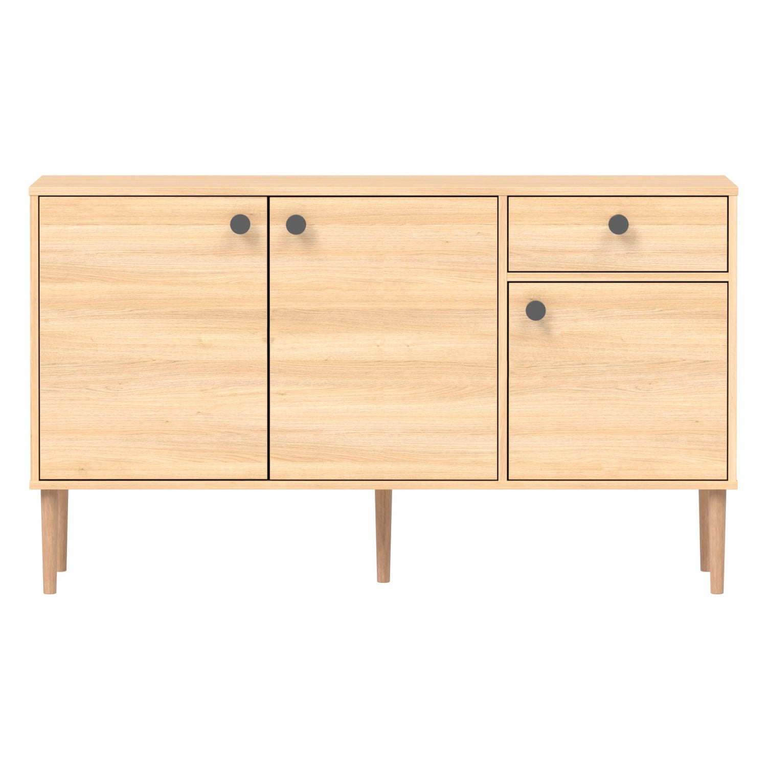 Tammenvärinen Stemma-senkki tammisilla jaloilla. Kalusteessa on mustat nuppivetimet.