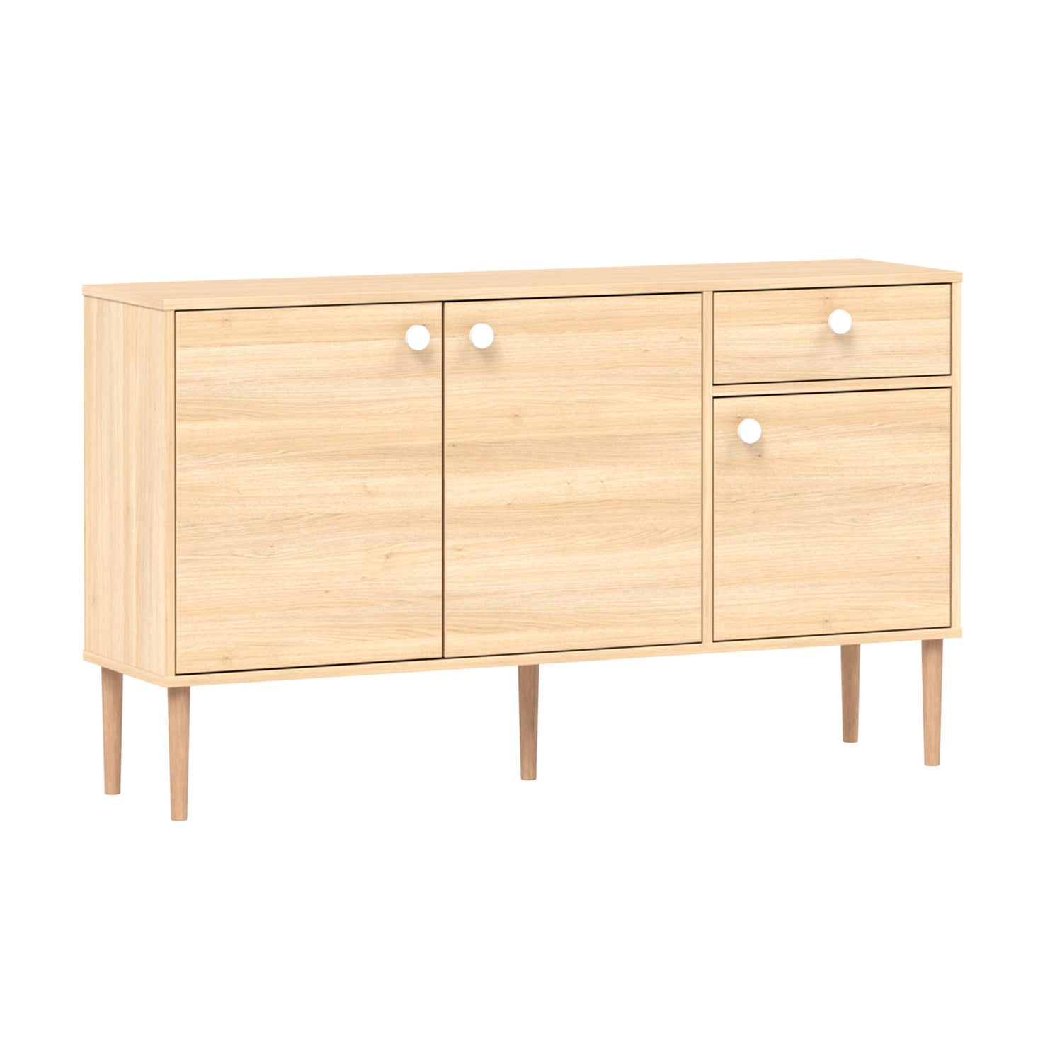 Tammenvärinen Stemma-senkki tammisilla jaloilla. Kalusteessa on valkoiset nuppivetimet.