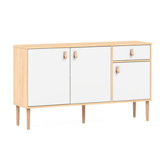 Tammi-valkoinen Stemma-senkki tammisilla jaloilla. Kalusteessa on luonnonväriset nahkavetimet.