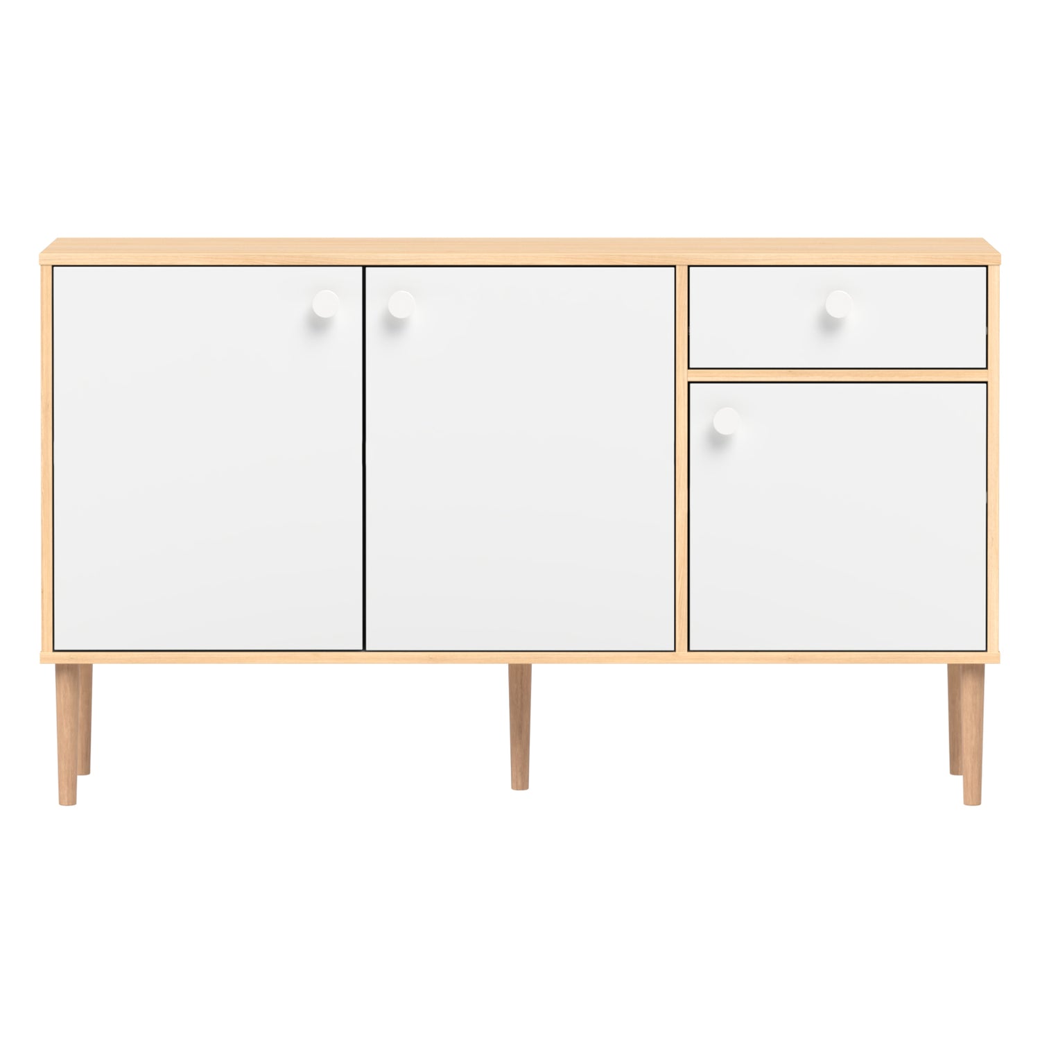 Tammi-valkoinen Stemma-senkki tammisilla jaloilla. Kalusteessa on valkoiset nuppivetimet.