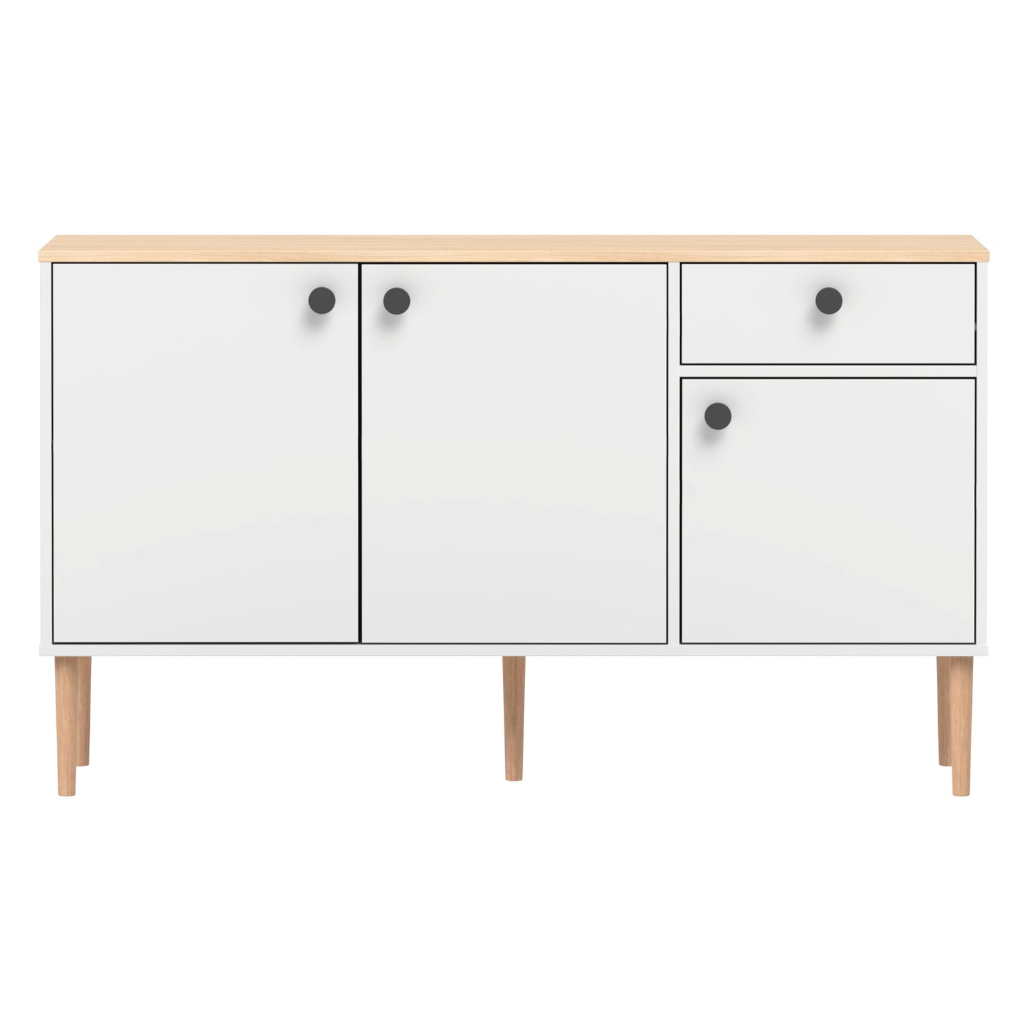 Valkoinen-luonnonvärinen Stemma-senkki lv-tammijaloilla sekä tammenvärisellä kannella. Kalusteessa on mustat nuppivetimet.