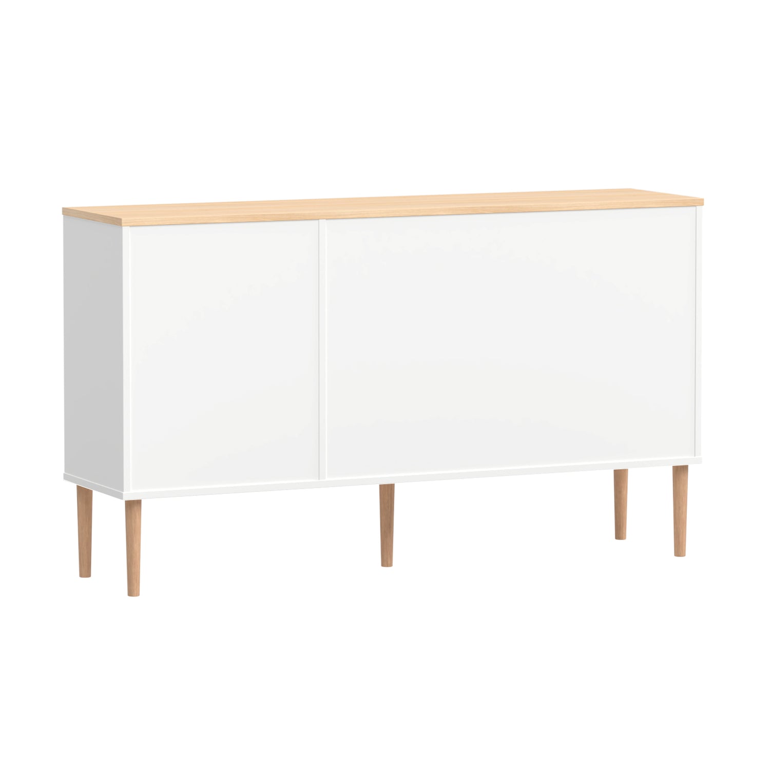 Valkoinen Stemma-senkki tammisilla luonnonvärisillä jaloilla sekä tammenvärisellä kannella. Kauttaaltaan siisti kaluste sopii hyvin myös keskilattian kalusteeksi.