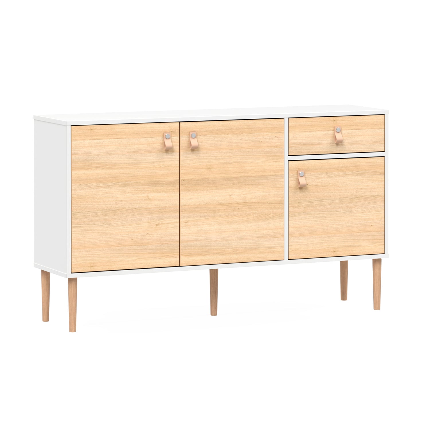 Valkoinen-tammi Stemma-senkki tammisilla jaloilla. Kalusteessa on luonnonväriset nahkavetimet.