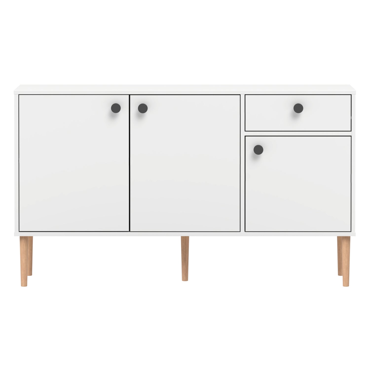 Kuvassa on kokovalkoinen Stemma-senkki tammisilla jaloilla. Kalusteessa on mustat nuppivetimet.