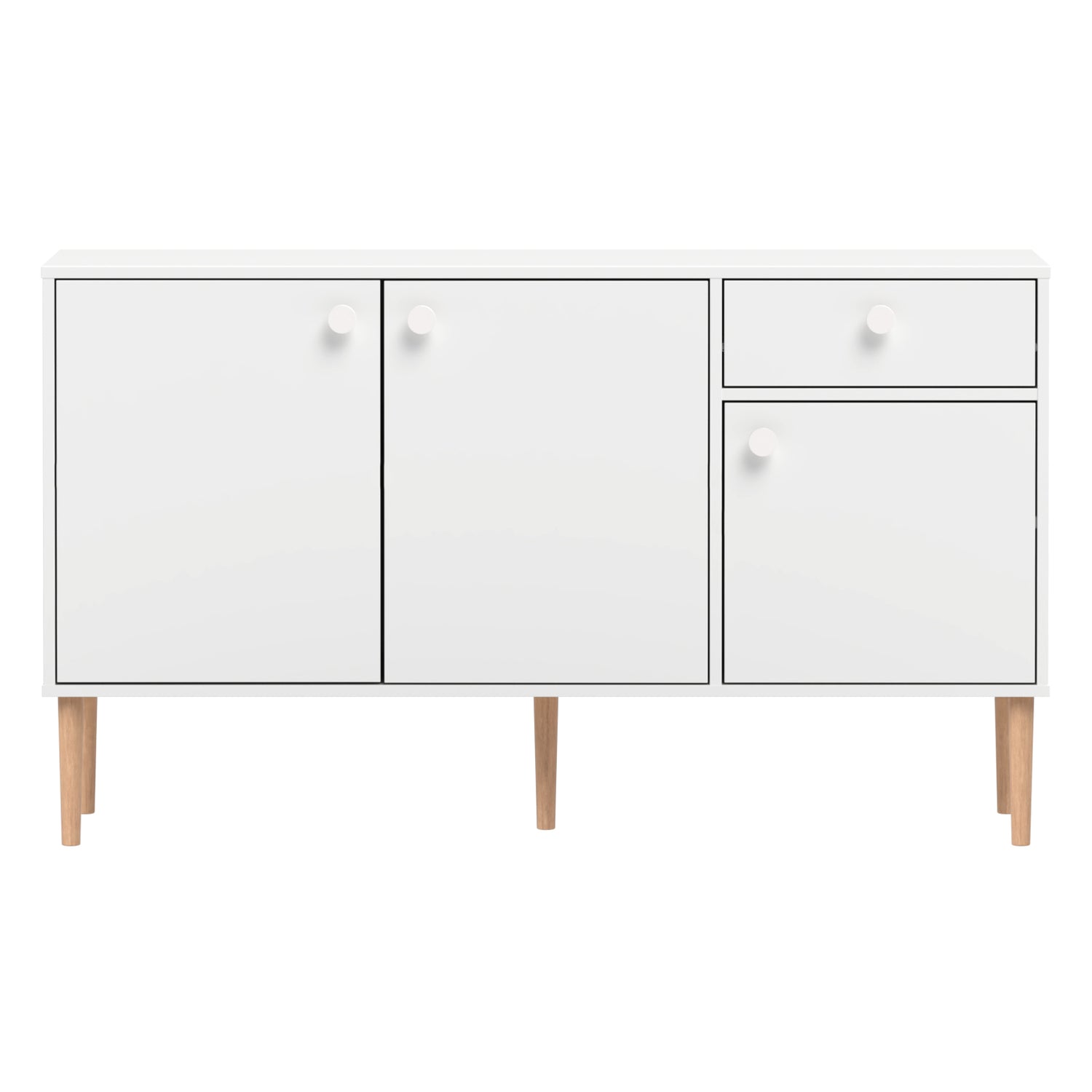 Kuvassa on kokovalkoinen Stemma-senkki tammisilla jaloilla. Kalusteessa on valkoiset nuppivetimet.