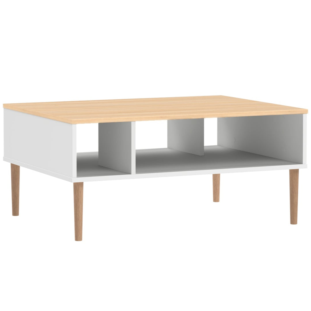 Valkoinen-luonnonvärinen Stemma-sohvapöytä luonnonvärisillä tammijaloilla sekä tammenvärisellä kannella.