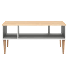 Valkoinen-luonnonvärinen Stemma-sohvapöytä luonnonvärisillä tammijaloilla sekä tammenvärisellä kannella.