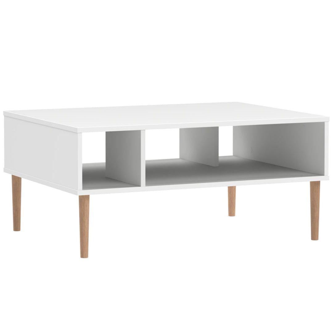 Kokovalkoinen Stemma-sohvapöytä luonnonvärisillä tammijaloilla.