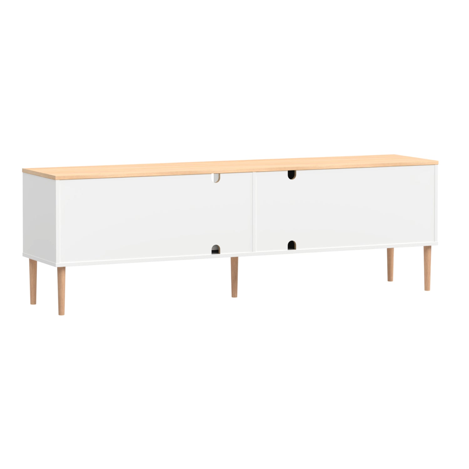 Valkoinen-luonnonvärinen Stemma-tv-taso lv-tammijaloilla sekä tammenvärisellä kannella. Kauttaaltaan siistissä kalusteessa on johtoaukot 4 kpl.