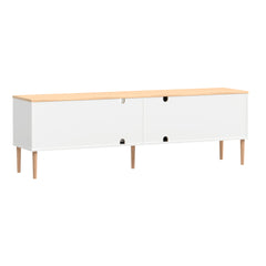 Valkoinen-luonnonvärinen Stemma-tv-taso lv-tammijaloilla sekä tammenvärisellä kannella. Kauttaaltaan siistissä kalusteessa on johtoaukot 4 kpl.