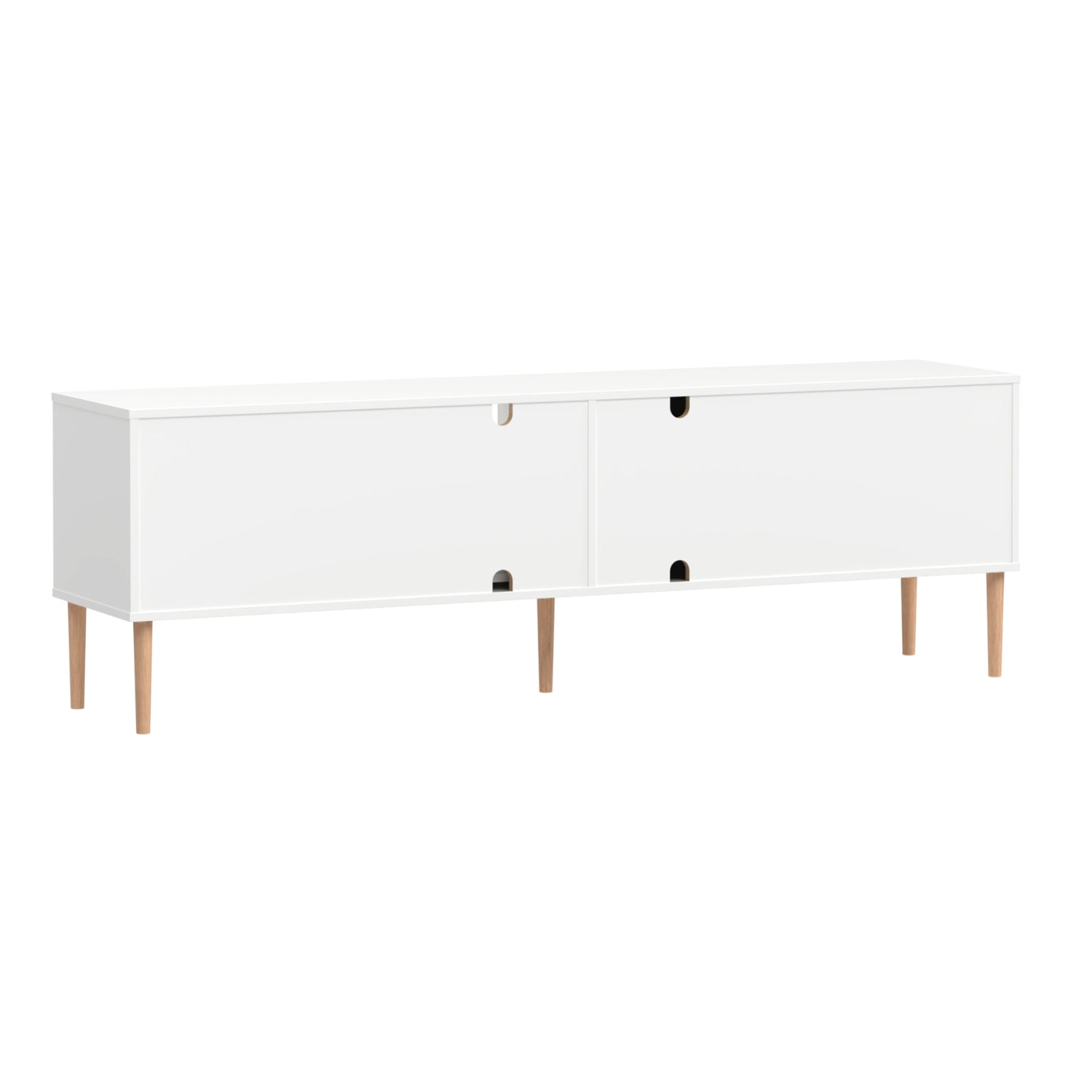 Valkoinen Stemma-tv-taso luonnonvärisillä tammijaloilla. Kauttaaltaan siistissä kalusteessa on johtoaukot valmiina 4 kpl.