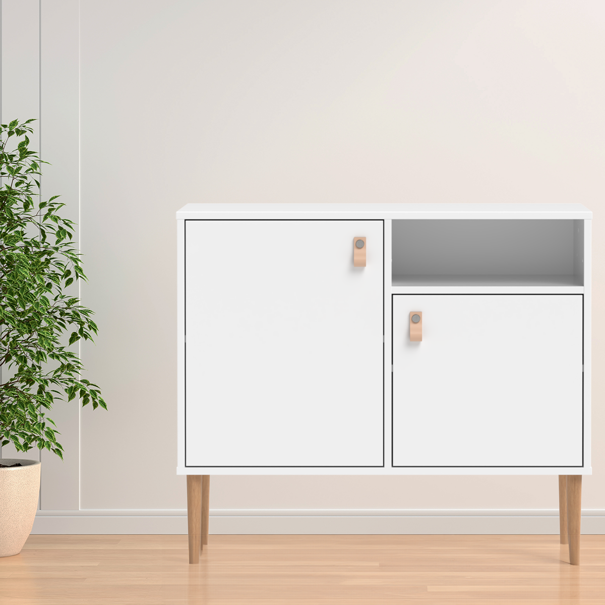 Kuvassa on kokovalkoinen Stemma-lipastokaappi lv-tammijaloilla ja nahkavetimillä.