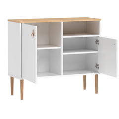 Valkoinen-luonnonvärinen Stemma-lipastokaappi  lv-tammijaloilla sekä tammenvärisellä kannella. Kalusteessa on luonnonväriset nahkavetimet. Kuvassa näkyvissä säilytystilat, joiden hyllyjen paikka on valittavissa 3 vaihtoehdosta.