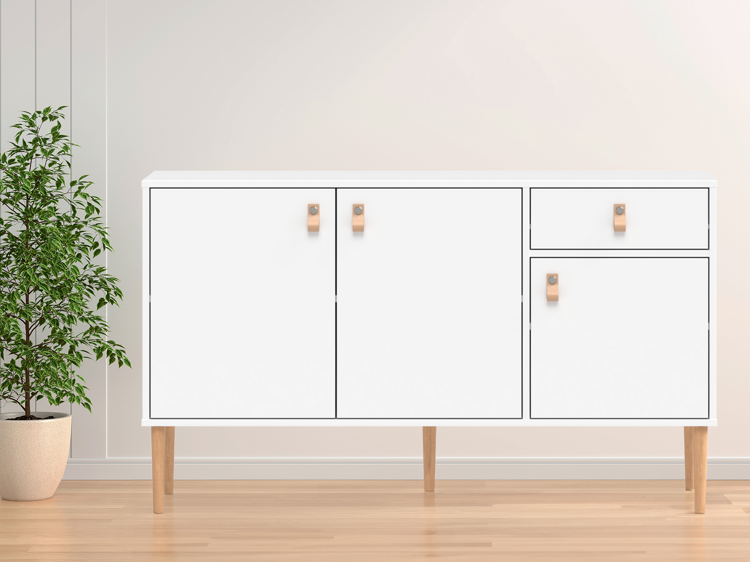 Kuvassa on kokovalkoinen Stemma-senkki tammisilla jaloilla. Kalusteessa on luonnonruskeat nahkavetimet.