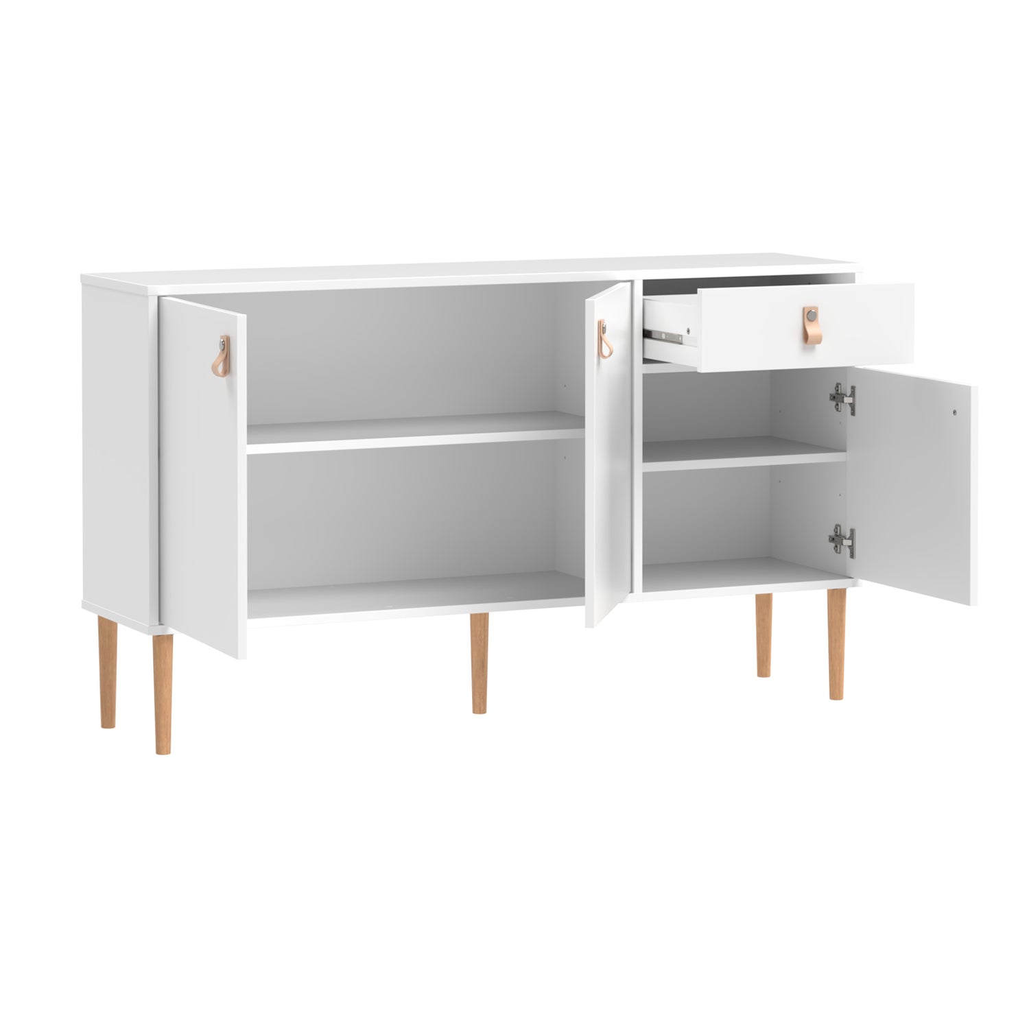 Kuvassa on kokovalkoinen Stemma-senkki tammisilla jaloilla. Kuvassa näkyvissä avoinna olevat säilytystilat, joiden hyllyjen paikka on valittavissa 3 vaihtoehdosta.