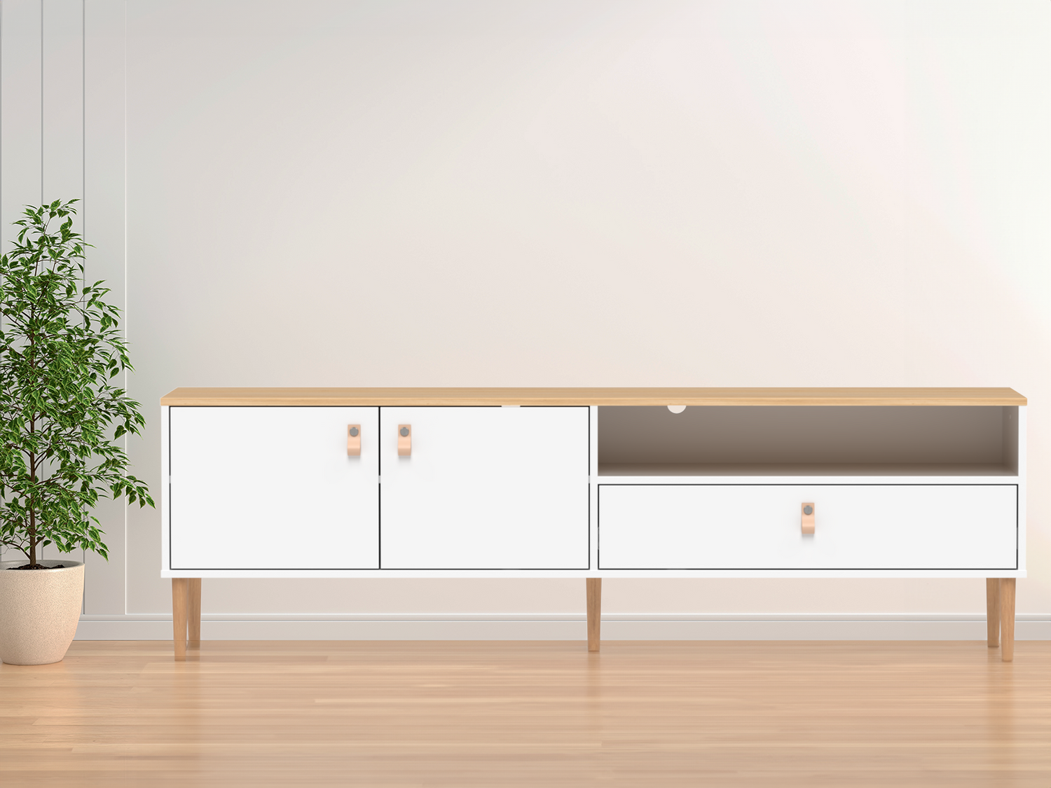 Kuvassa on valkoinen-luonnonvärinen Stemma-tv-taso lv-tammijaloilla sekä tammenvärisellä kannella. Kalusteessa on luonnonväriset nahkavetimet.