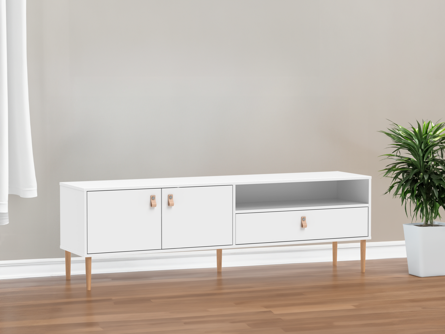 Kuvassa on kokovalkoinen Stemma-tv-taso tammisilla luonnonvärisillä jaloilla. Kalusteessa on luonnonväriset nahkavetimet.