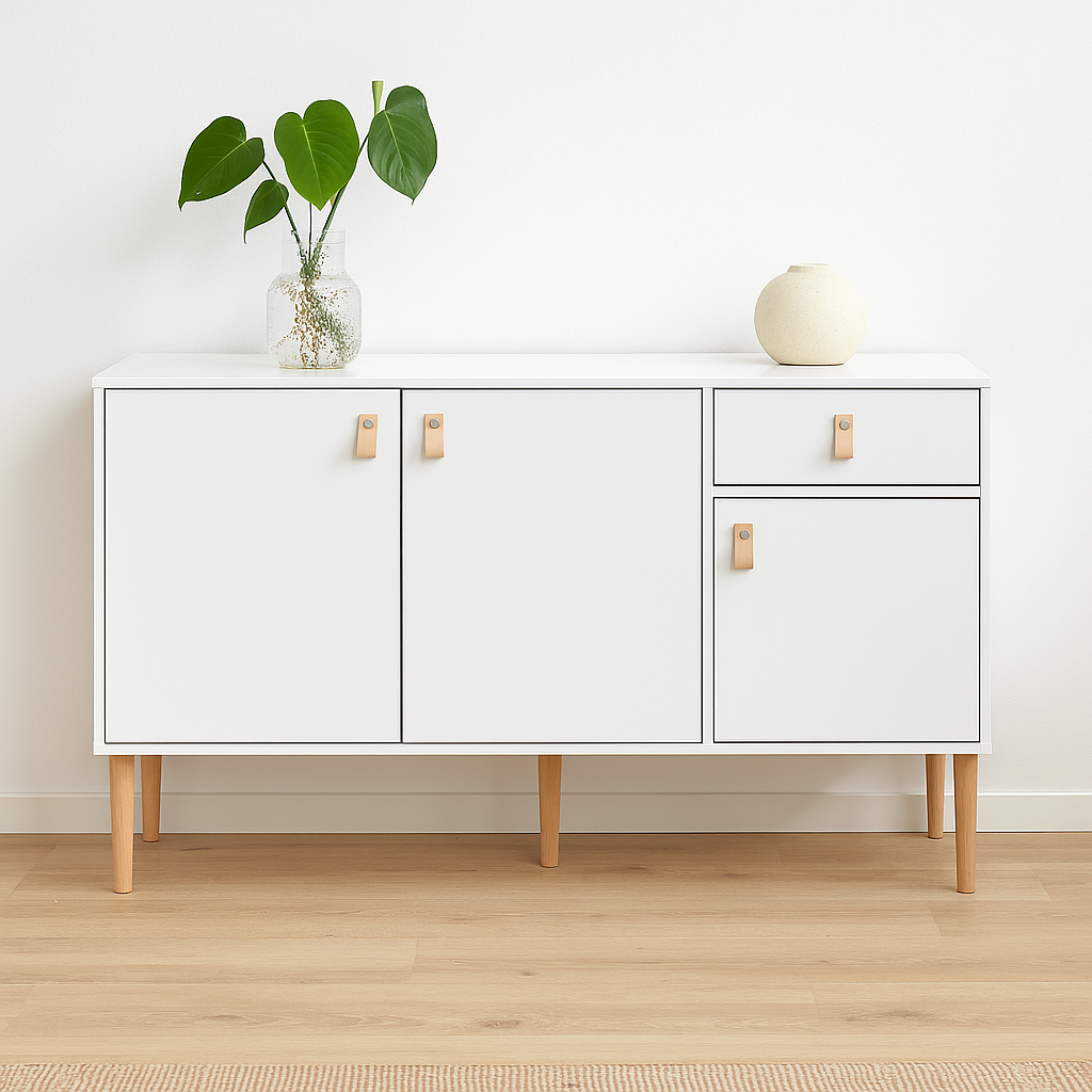 Kuvassa on kokovalkoinen Stemma-senkki tammisilla jaloilla. Kalusteessa on luonnonväriset nahkavetimet. Stailattu visualisointi.