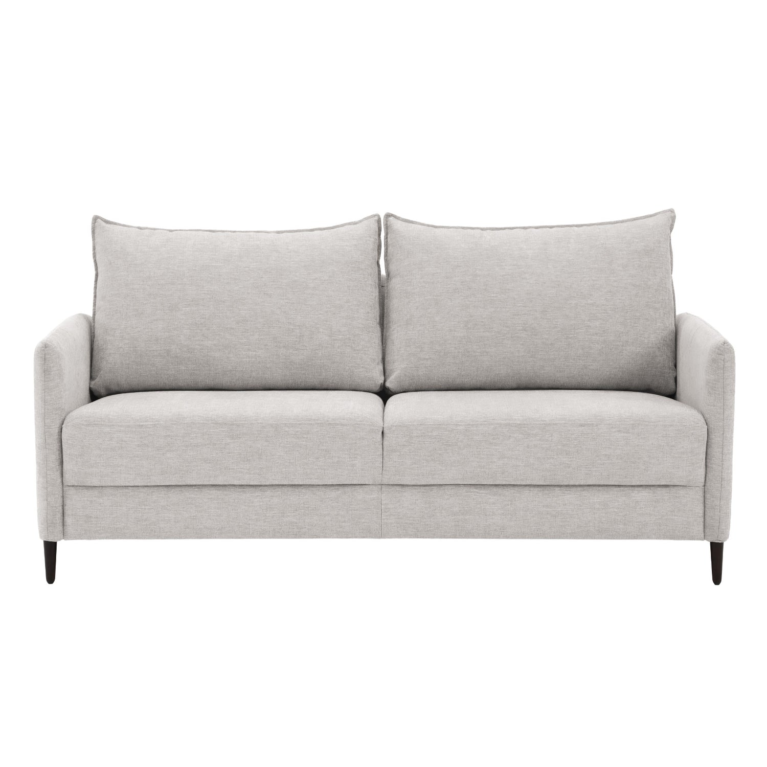 Stockholm Max Hybrid Deluxe 2-istuttava-vuodesohva vaalealla Oasis 01 -kankaalla. Vuodesohvassa on wengen väriset koivujalat.