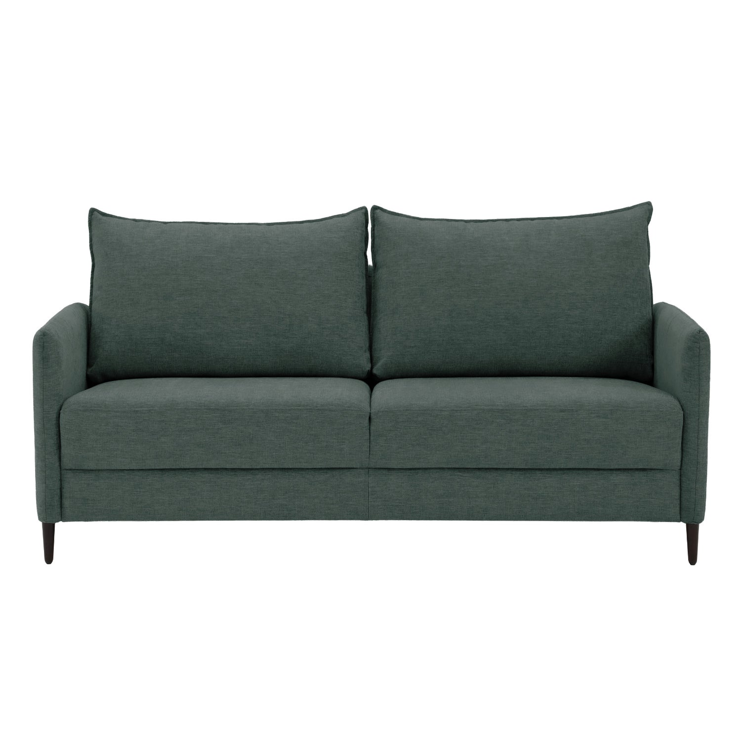 Stockholm Max Hybrid Deluxe 2-istuttava-vuodesohva vihreällä Oasis 10 -kankaalla. Vuodesohvassa on wengen väriset koivujalat.