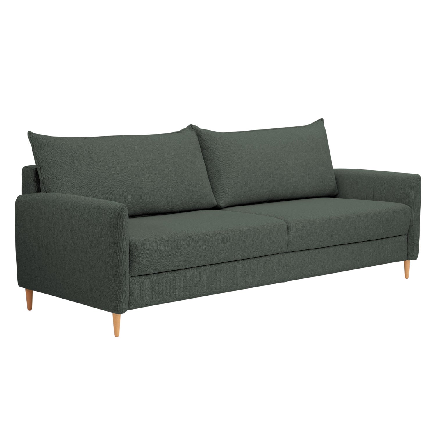 3-istuttava Stockholm-vuodesohva vihreällä Oasis 10 -kankaalla. Sohvassa on 12 cm korkeat luonnonväriset tammijalat. 