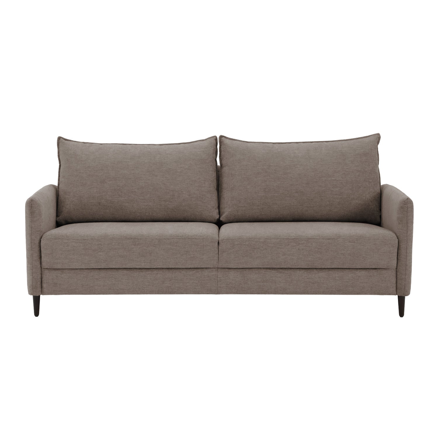 3-istuttava Stockholm-sohva ruskealla Oasis 03 -kankaalla ja 12 cm korkeilla wengenvärisillä puujaloilla.