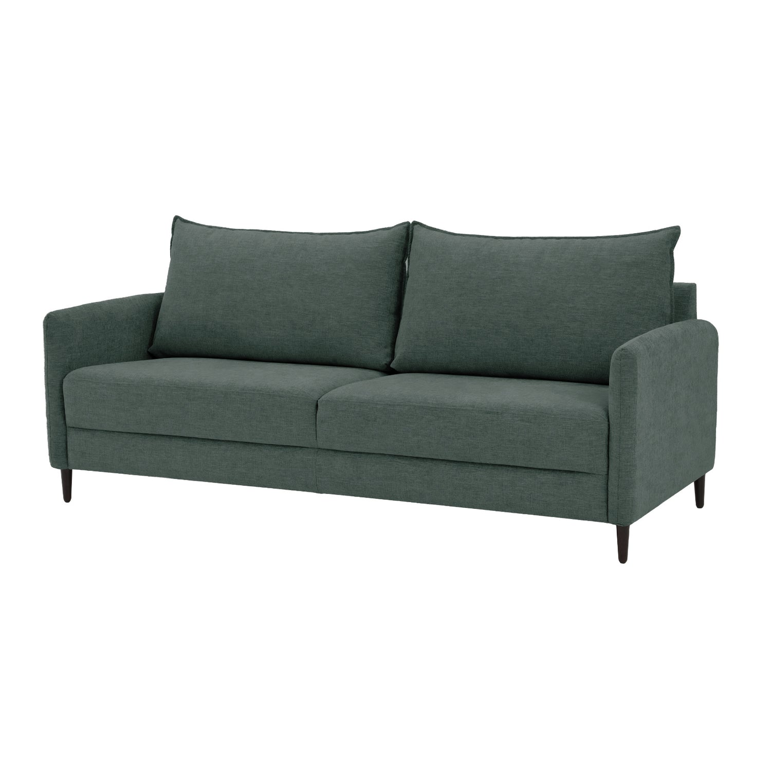 3-istuttava Stockholm-sohva vihreällä Oasis 10 -kankaalla ja 12 cm korkeilla wengenvärisillä puujaloilla.