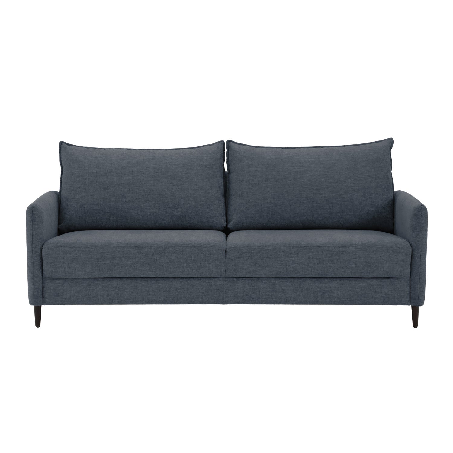 3-istuttava Stockholm-sohva sinisellä Oasis 12 -kankaalla ja 12 cm korkeilla wengenvärisillä puujaloilla.