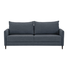 3-istuttava Stockholm-sohva sinisellä Oasis 12 -kankaalla ja 12 cm korkeilla wengenvärisillä puujaloilla.