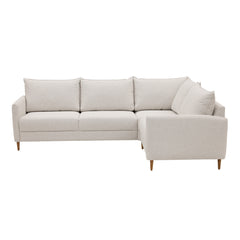 Stockholm-kulmasohva vaalealla hiekanvärisellä Bond 06-kankaalla. Sohvassa on 12 cm korkeat luonnonväriset tammijalat. Kuvan moduulisohvassa on kokoonpano 2K1 (KN + C + L + AJ + KN).