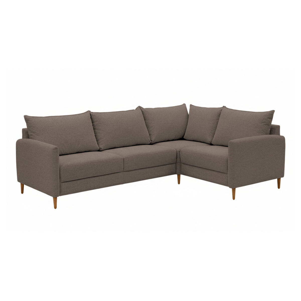 Stockholm-kulmasohva ruskealla Oasis 03 -kankaalla. Sohvassa on 12 cm korkeat luonnonväriset tammijalat. Kuvan moduulisohvassa on kokoonpano 2K1 (KN + C + L + AJ + KN).