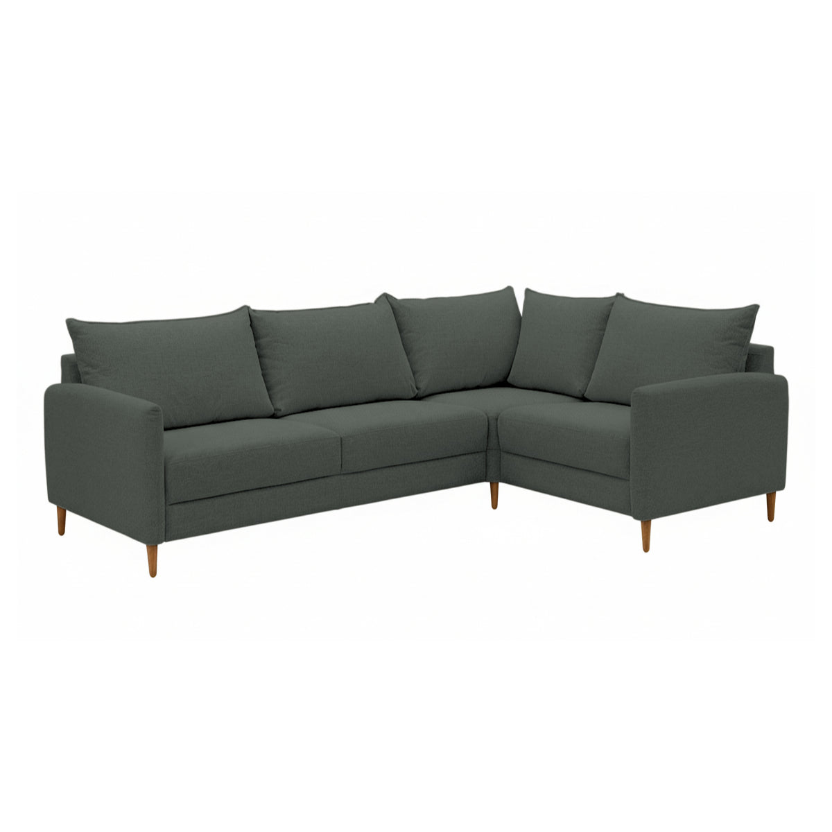 Stockholm-kulmasohva vihreällä Oasis 10 -kankaalla. Sohvassa on 12 cm korkeat luonnonväriset tammijalat. Kuvan moduulisohvassa on kokoonpano 2K1 (KN + C + L + AJ + KN).