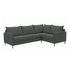 Stockholm-kulmasohva vihreällä Oasis 10 -kankaalla. Sohvassa on 12 cm korkeat luonnonväriset tammijalat. Kuvan moduulisohvassa on kokoonpano 2K1 (KN + C + L + AJ + KN).