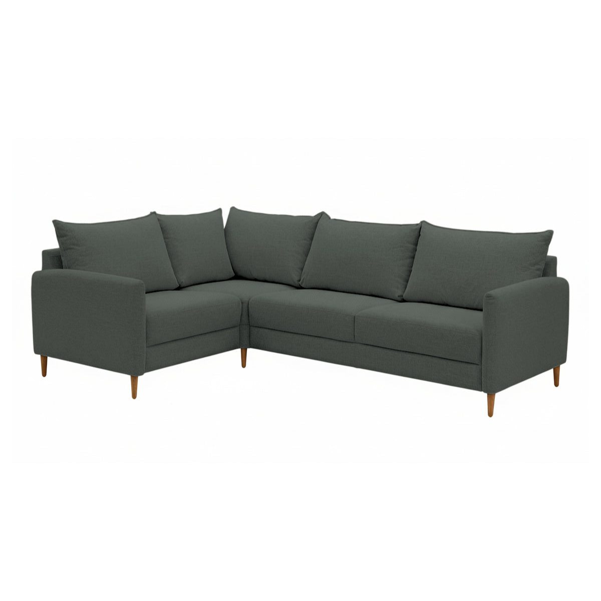 Stockholm-kulmasohva vihreällä Oasis 10 -kankaalla. Sohvassa on 12 cm korkeat luonnonväriset tammijalat. Kuvan moduulisohvassa on kokoonpano 1K2 (KN + AJ + L + C + KN).