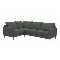 Stockholm-kulmasohva vihreällä Oasis 10 -kankaalla. Sohvassa on 12 cm korkeat luonnonväriset tammijalat. Kuvan moduulisohvassa on kokoonpano 1K2 (KN + AJ + L + C + KN).