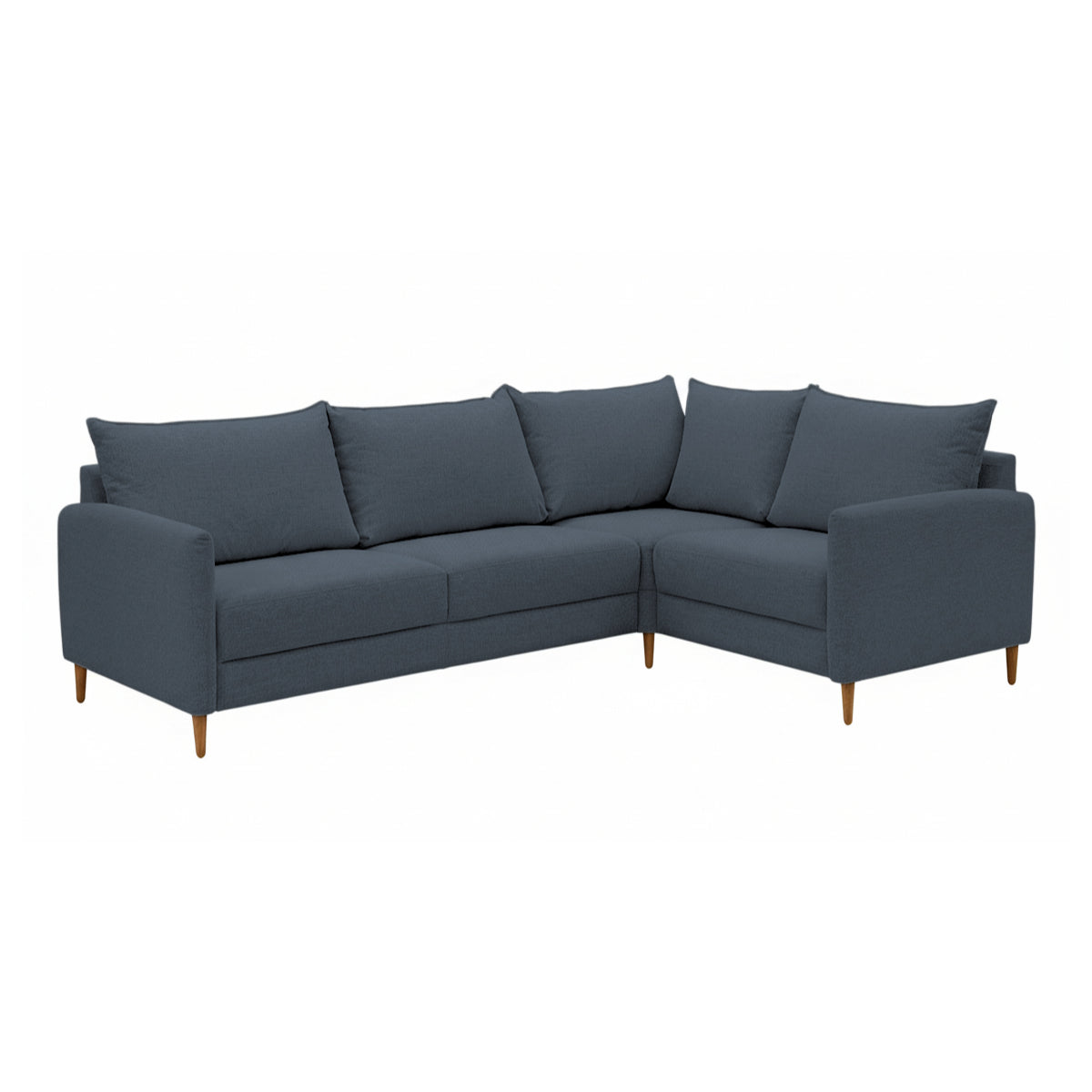 Stockholm-kulmasohva sinisellä Oasis 12 -kankaalla. Sohvassa on 12 cm korkeat luonnonväriset tammijalat. Kuvan moduulisohvassa on kokoonpano 2K1 (KN + C + L + AJ + KN).