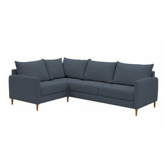 Stockholm-kulmasohva sinisellä Oasis 12 -kankaalla. Sohvassa on 12 cm korkeat luonnonväriset tammijalat. Kuvan moduulisohvassa on kokoonpano 1K2 (KN + AJ + L + C + KN).