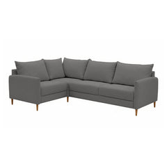 Stockholm-kulmasohva tummanharmaalla Oasis 17 -kankaalla. Sohvassa on 12 cm korkeat luonnonväriset tammijalat. Kuvan moduulisohvassa on kokoonpano 1K2 (KN + AJ + L + C + KN).