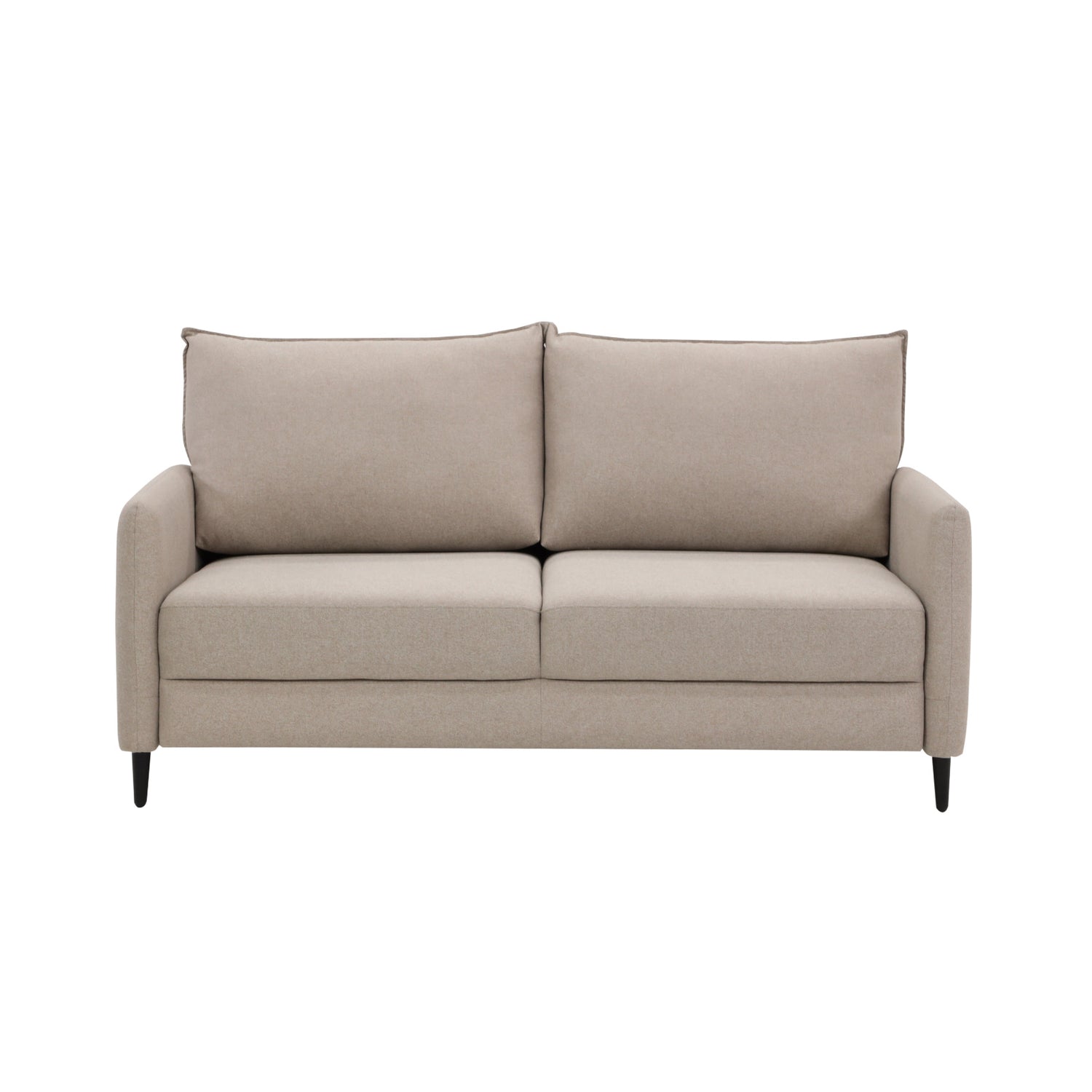 Stockholm Max Hybrid Deluxe 2-istuttava-vuodesohva beigellä Oasis 02 -kankaalla. Vuodesohvassa on wengen väriset koivujalat.