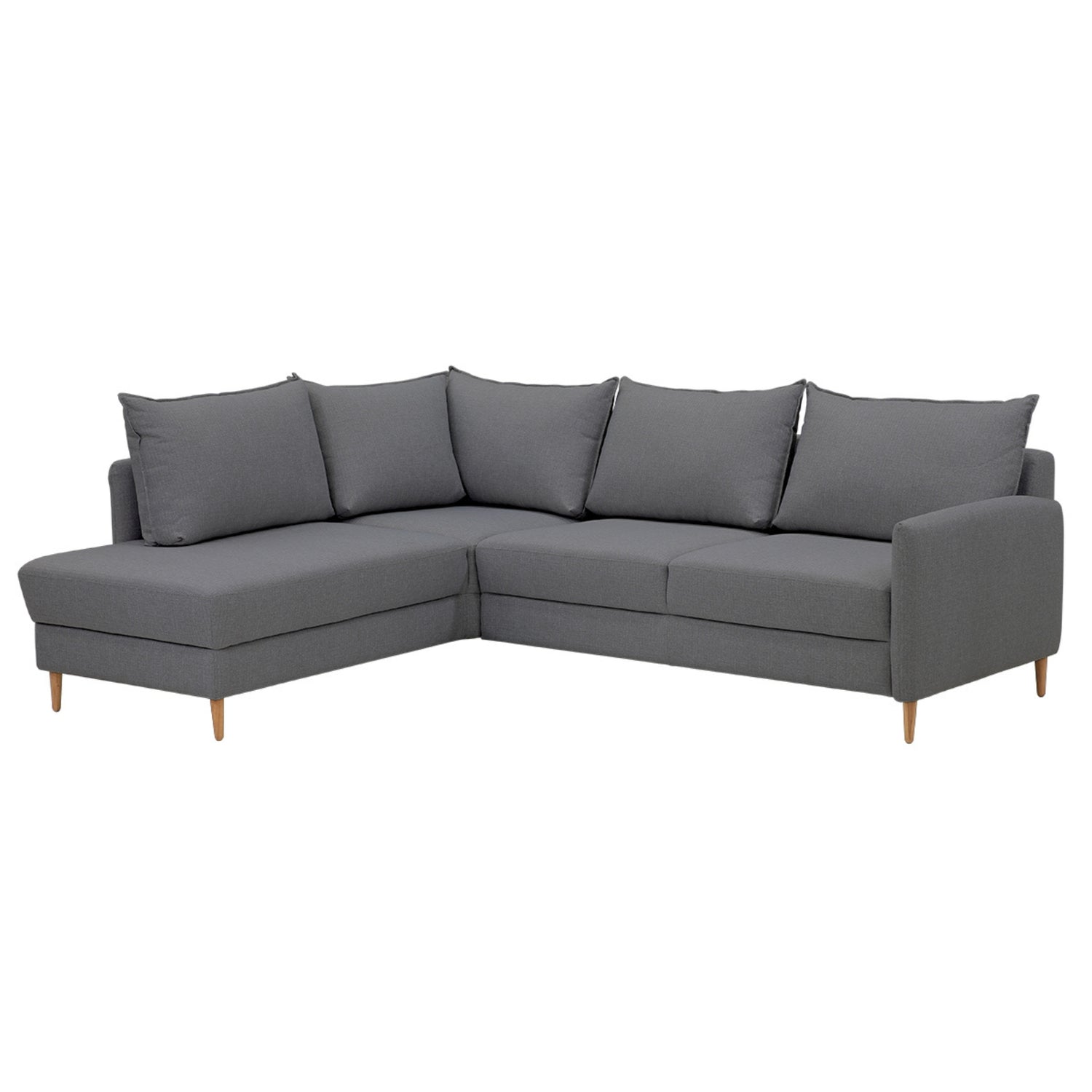 Stockholm-kulmavuodesohva harmaalla Stark 334 -kankaalla ja vasemmanpuoleisella avokulmaosalla. Sohvassa on 12 cm korkeat luonnonväriset tammijalat.