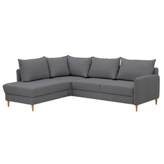 Stockholm-kulmavuodesohva harmaalla Stark 334 -kankaalla ja vasemmanpuoleisella avokulmaosalla. Sohvassa on 12 cm korkeat luonnonväriset tammijalat.