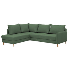 Stockholm-kulmavuodesohva vihreällä Stark 611 -kankaalla ja vasemmanpuoleisella avokulmaosalla. Sohvassa on 12 cm korkeat luonnonväriset tammijalat.