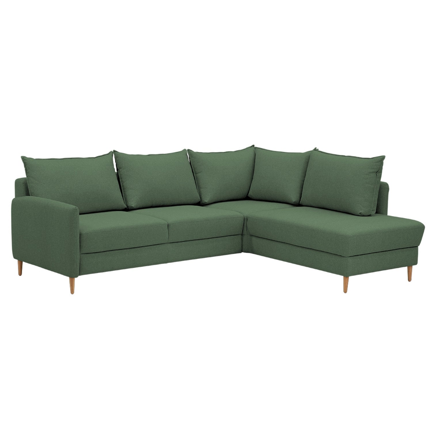 Stockholm-kulmavuodesohva vihreällä Stark 611 -kankaalla ja oikeanpuoleisella avokulmaosalla. Sohvassa on 12 cm korkeat luonnonväriset tammijalat.