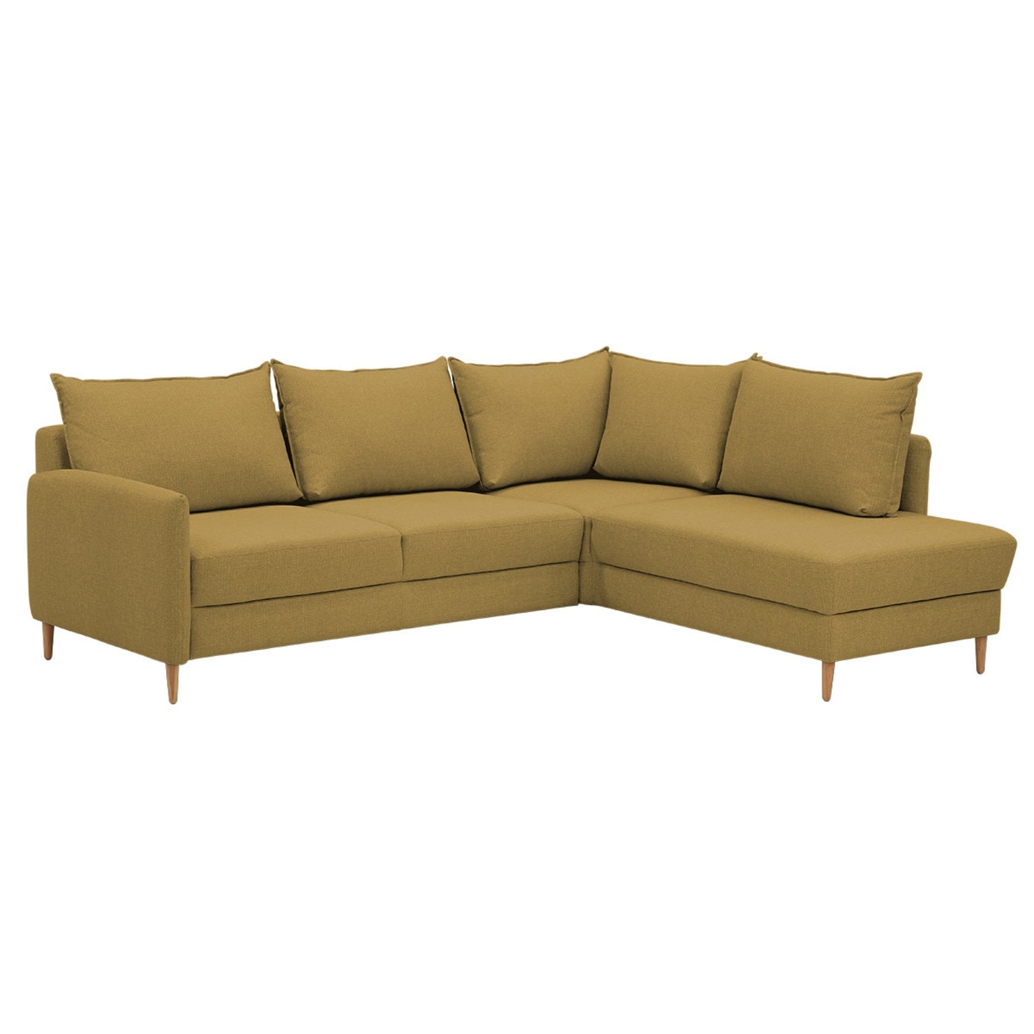 Stockholm-kulmavuodesohva keltaisella Stark 618 -kankaalla ja oikeanpuoleisella avokulmaosalla. Sohvassa on 12 cm korkeat luonnonväriset tammijalat.