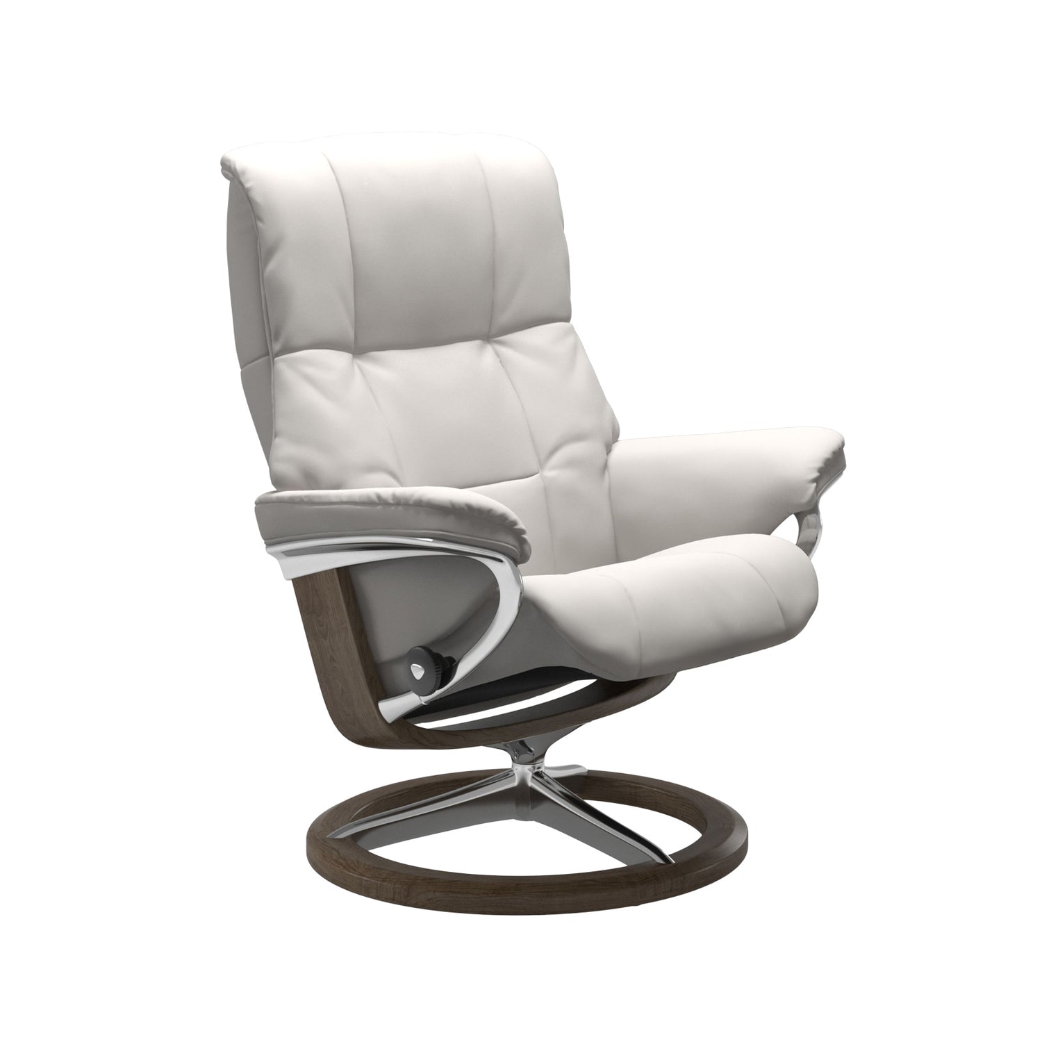 Stressless Mayfair M -lepotuoli valkoisena: Milky White 05 Batick -nahkaverhoilulla ja savutammi petsattu pyökki/kiiltävä alumiini -Signature-yhdistelmäjalustalla.