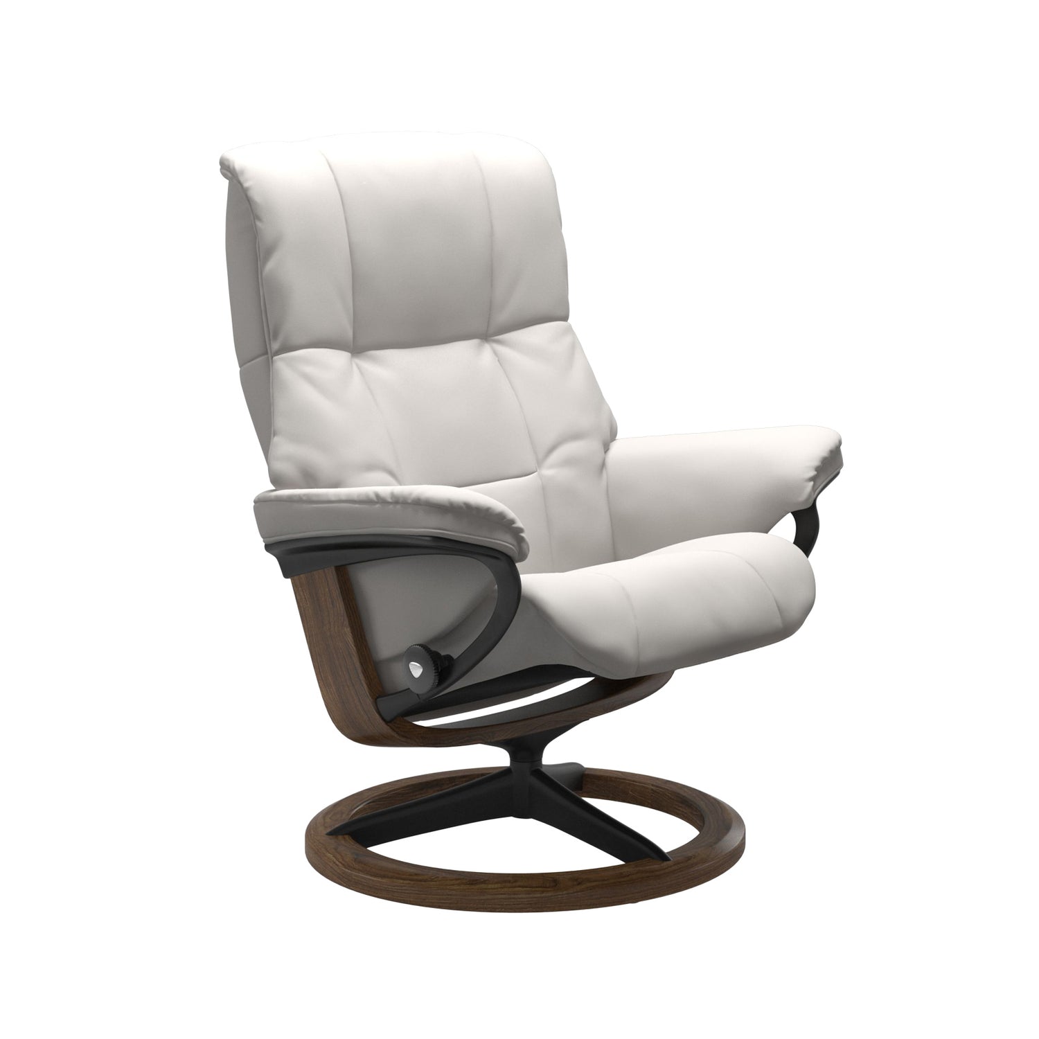 Stressless Mayfair M -lepotuoli valkoisena: Milky White 05 Batick -nahkaverhoilulla ja tiikki petsattu pyökki/mattamusta metalli -Signature-yhdistelmäjalustalla.