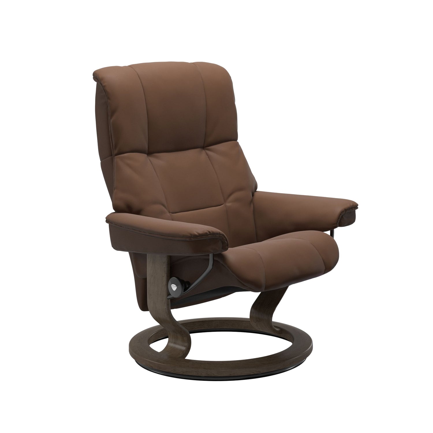 Stressless Mayfair M -lepotuoli ruskeana: Warm Brown 87 Batick-nahkaverhoilulla ja savutammi petsatulla -Classic-puujalustalla.