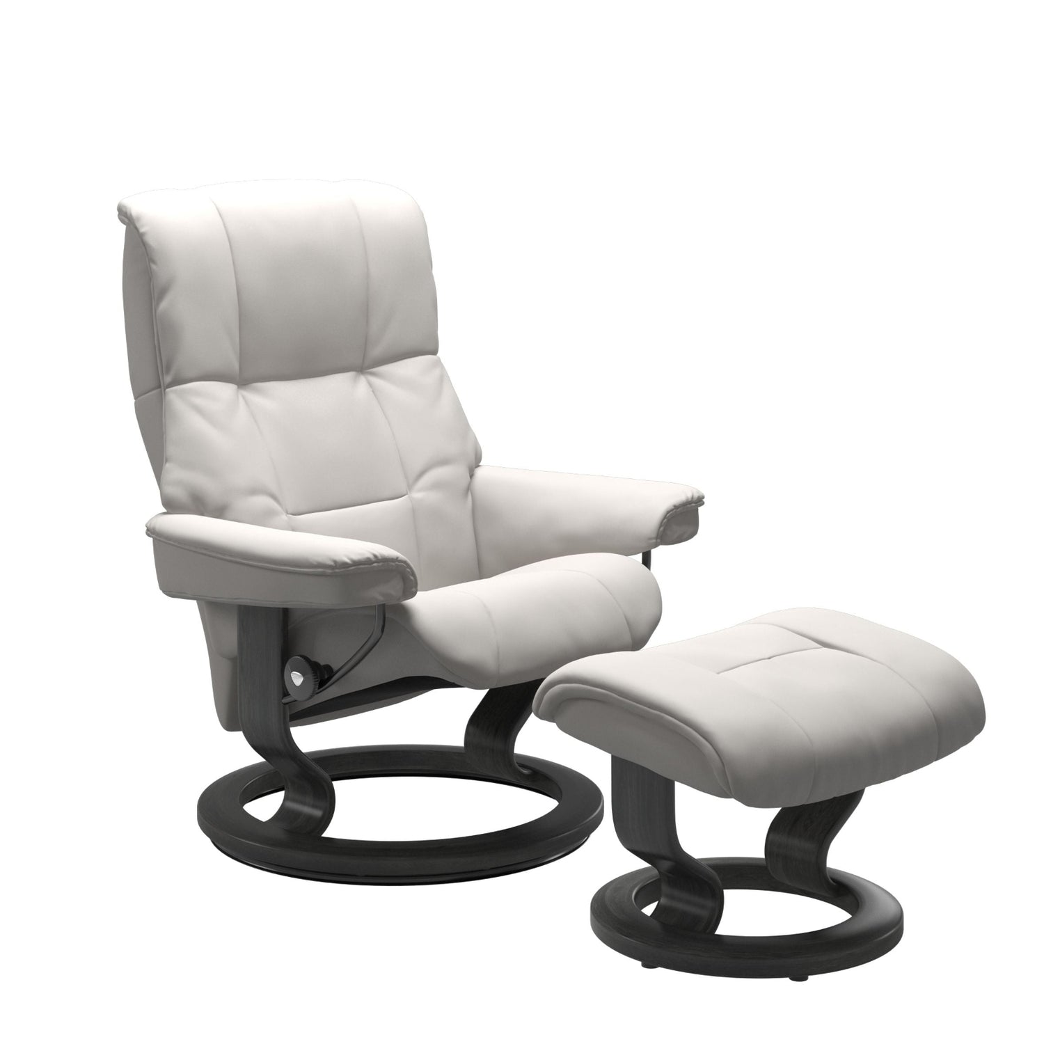 Stressless Mayfair M -lepotuoli ja rahi valkoisena: Milky White 05 Batick -nahkaverhoilulla ja harmaa petsatulla -Classic-puujalustalla.
