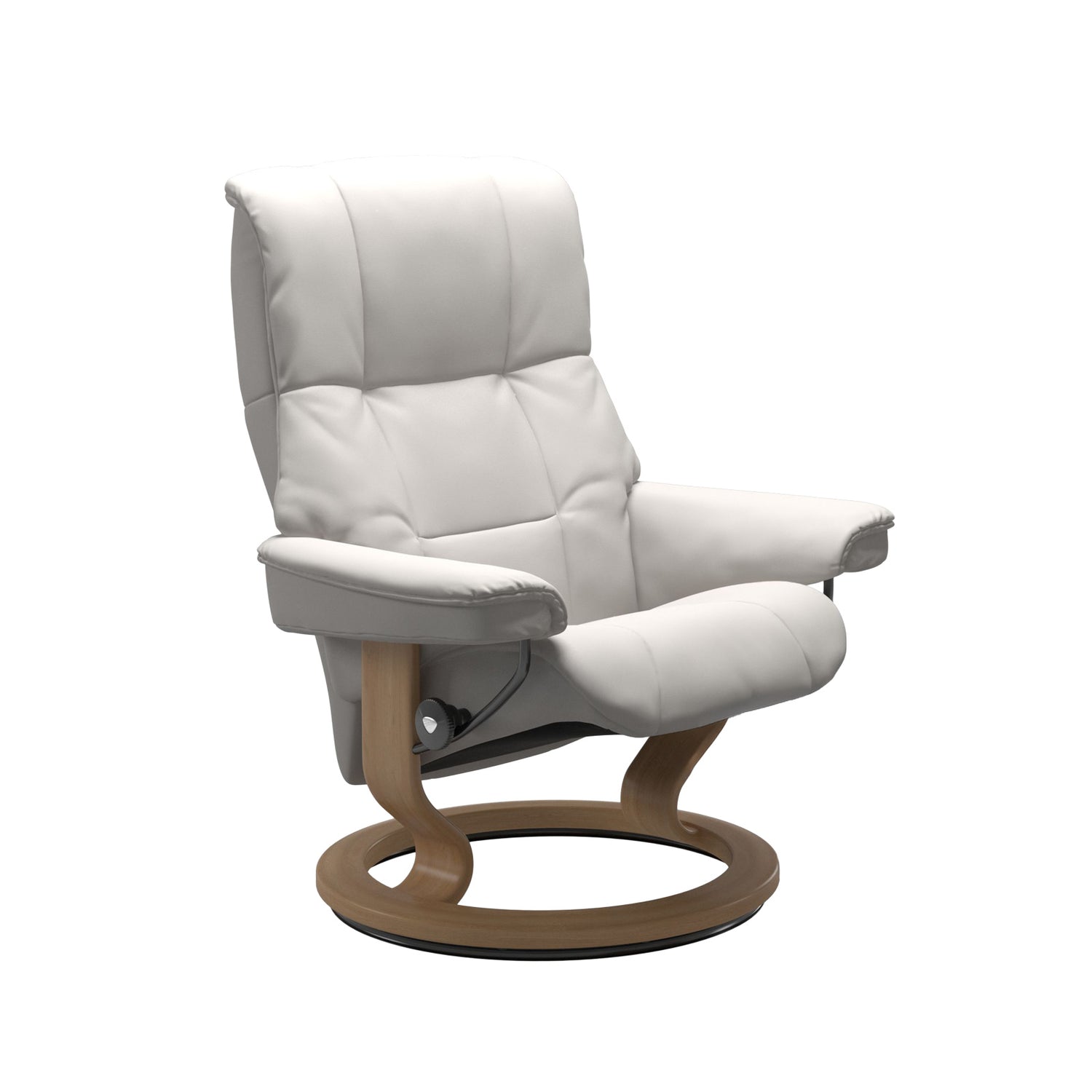 Stressless Mayfair M -lepotuoli valkoisena: Milky White 05 Batick -nahkaverhoilulla ja tammi petsatulla -Classic-puujalustalla.